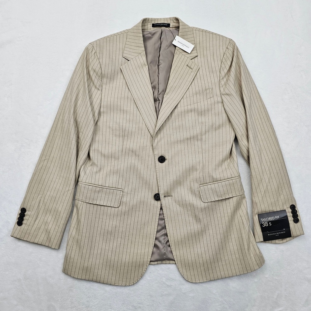 Banana Republic Suit Mens 38S 34x28 Beige Pinstripe Tailored Fit 2pc Wedding NEW - Picture 2 of 16